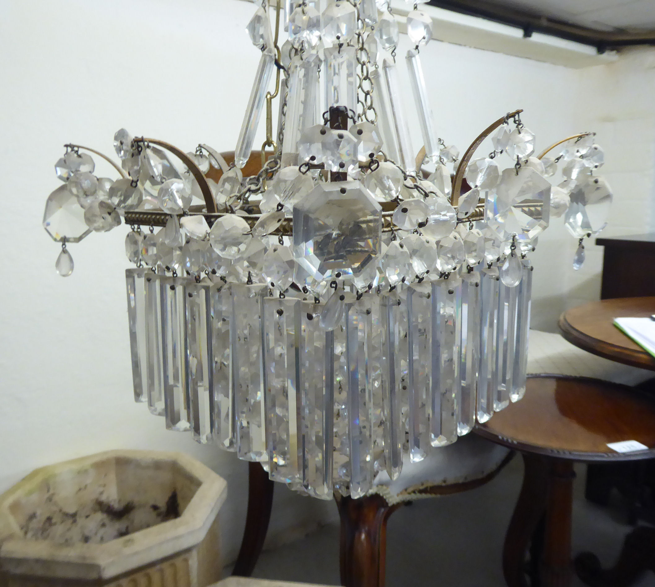 A mid 20thC gilt metal bag design centre light fitting with multiple cut glass drops 21''h - Image 2 of 3