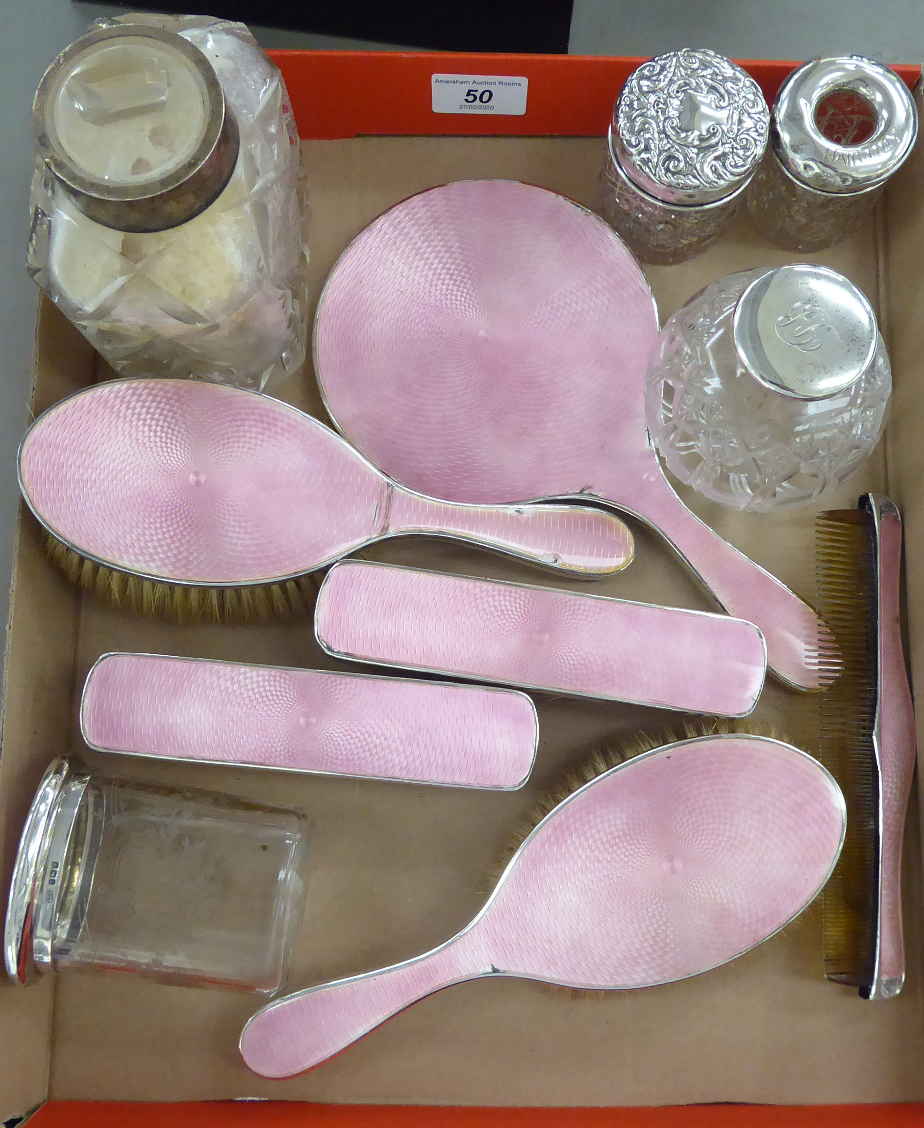 Silver backed and capped dressing table items: to include scent bottles and brushes mixed marks