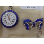 A silver and enamelled blue cased fob watch, on a ribbon bow clasp,