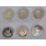 Six silver proof commemorative coins: to include a 1997 5 dollar OS10