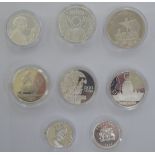 Eight silver proof commemorative coins: to include a 1995 Gibraltar 28 ECUs OS10