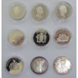 Nine silver proof commemorative coins: to include a 1994 one dollar OS10