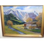 S Mecer - an Alpine landscape with a chalet and river in the foreground oil on canvas bears a