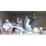 Nao and Lladro porcelain ornaments: to include a young girl with her doll,