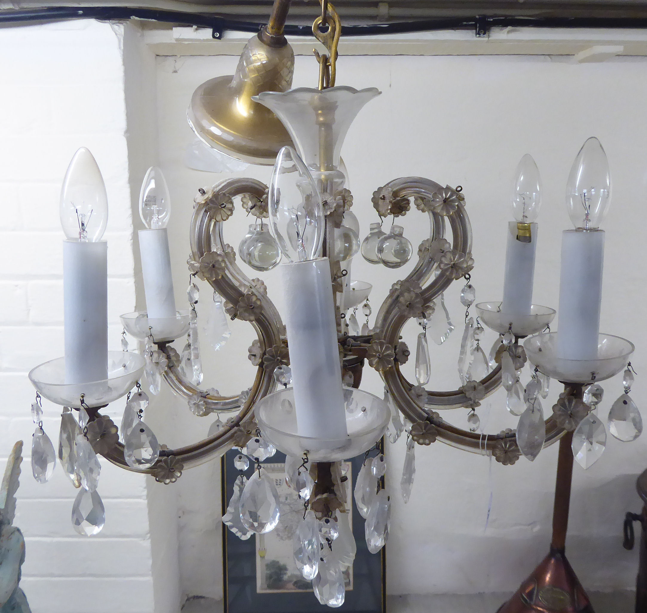 A mid 20thC Venetian glass six branch centre light fitting with candle design sconces 18''spread