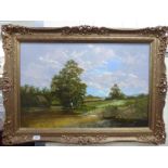 Noel Ripley - a lone fisherman by a river and two men grass cutting in a field beyond oil on board