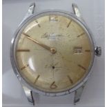 A 1950s Lyskamm stainless steel wristwatch (a/f), faced by an Arabic and baton dial,