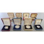 Eight silver proof commemorative coins: to include a 1981 25 pence OS10