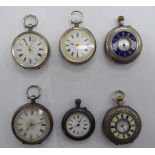 Six silver cased fob watches: to include a half hunter mixed marks OS10