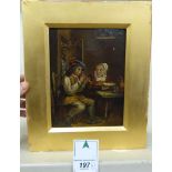 19thC European School - an interior scene with a young man playing a whistle oil on panel 6'' x