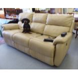 A modern cream coloured, stitched and cushioned soft hide upholstered,