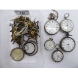 Six silver and white metal cased pocket watches,