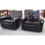 A pair of 1960/70s part buttoned black faux hide upholstered chairs with level backs, enclosed,