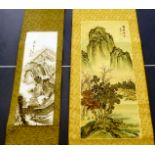 Two dissimilar 20thC Chinese pictorial scrolls within fabric borders 11'' & 16''w OS2