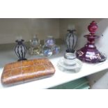 A mixed lot: to include a late 19thC ruby glass perfume bottle and stopper with gilded ornament