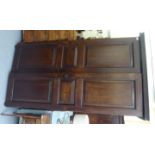 A 19thC cabinet, the associated cornice over two panelled doors, enclosing four open shelves,