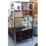 A modern mahogany finished and stainless steel framed living room display cabinet with three glazed