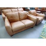 A modern three piece Sofitalia suite, upholstered in stitched light brown hide,