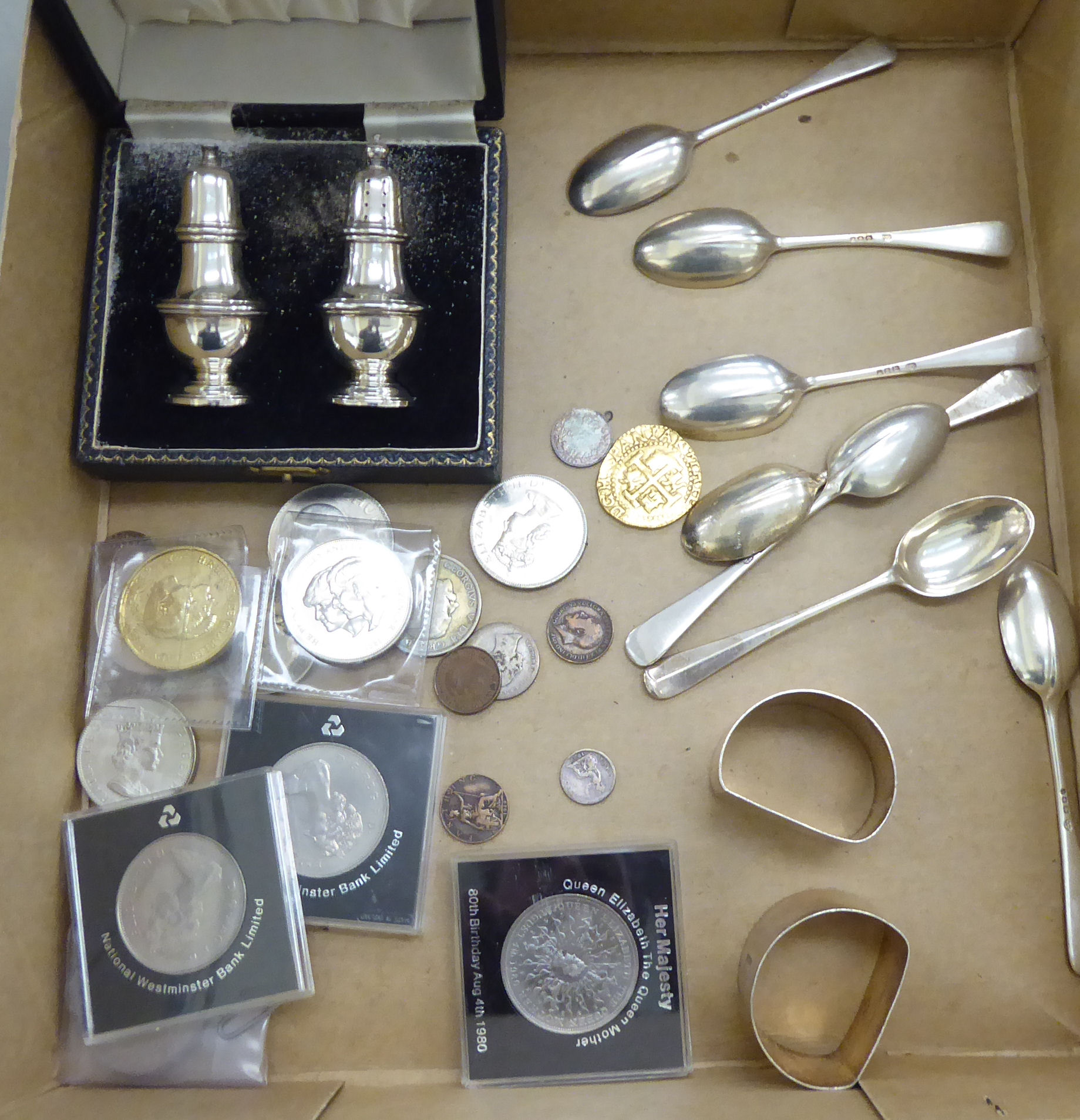 Silver collectables and coins: to include teaspoons;