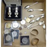 Silver collectables and coins: to include teaspoons;