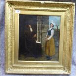 In the manner of J Crompton - a woman standing before a clergyman oil on canvas bears initials &