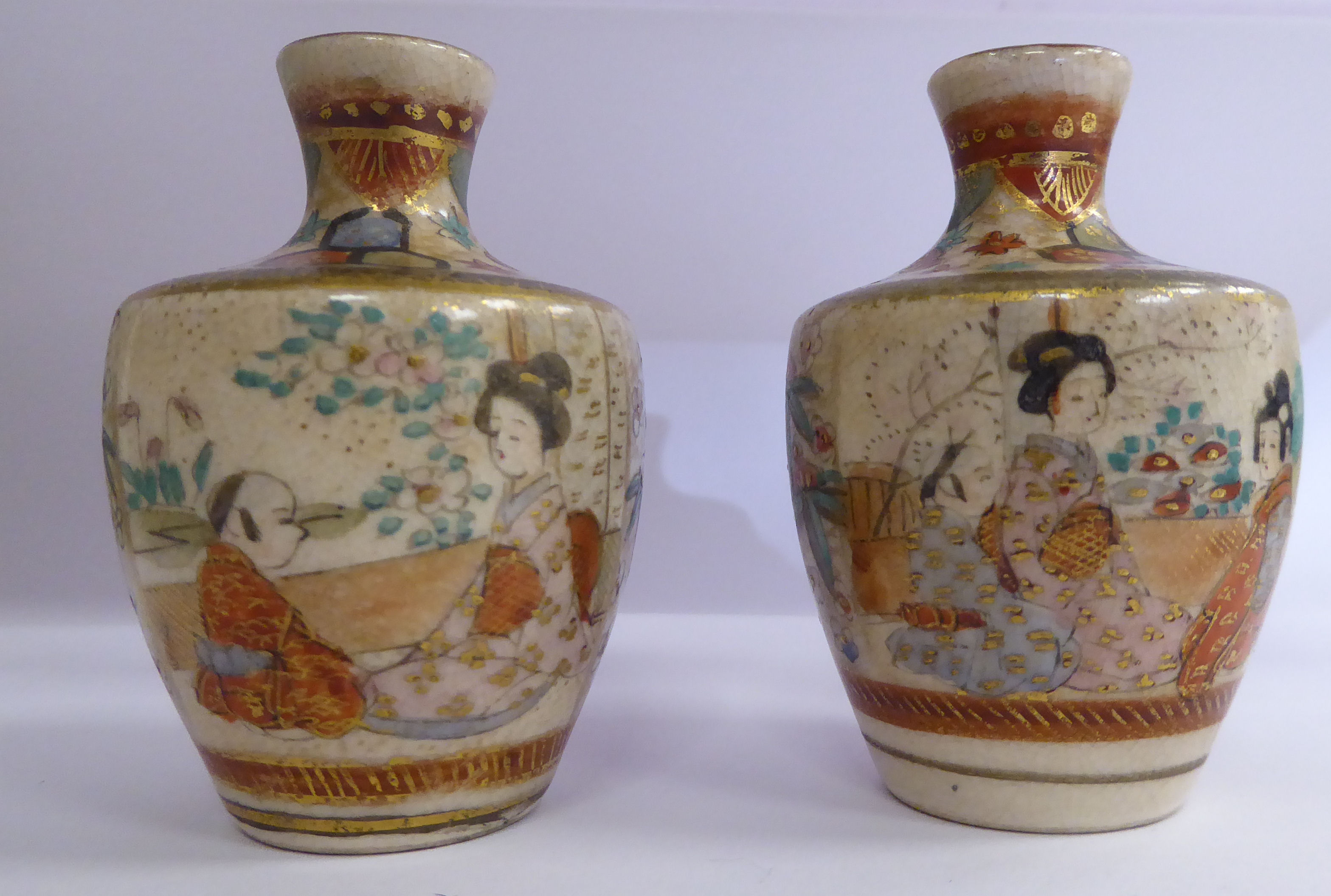 A pair of early 20thC Satsuma earthenware vases of shouldered baluster form, - Image 4 of 6