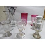 Late 19th/early 20thC drinking glasses: to include a cranberry coloured measure/tankard;