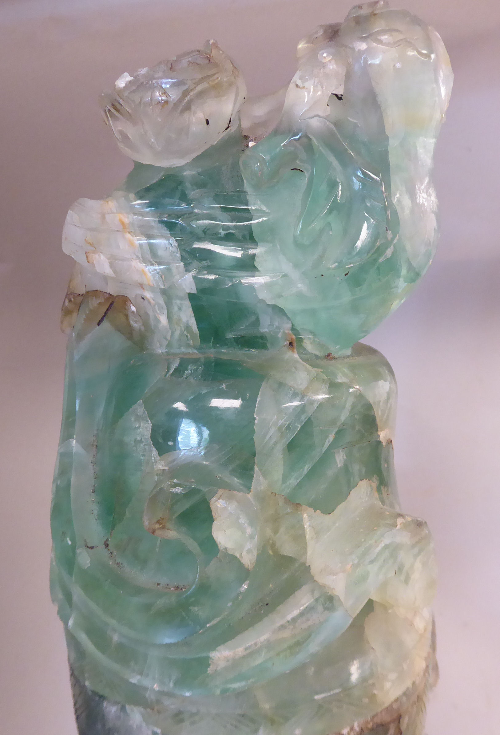 An early 20thC Chinese carved green crystal vase of irregular form with a cover, - Image 6 of 8