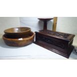 Treen, four items: to include a late Victorian oak jewellery box with a carved,