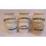 A set of three 19thC cream glazed earthenware, kitchen storage jars with moulded,