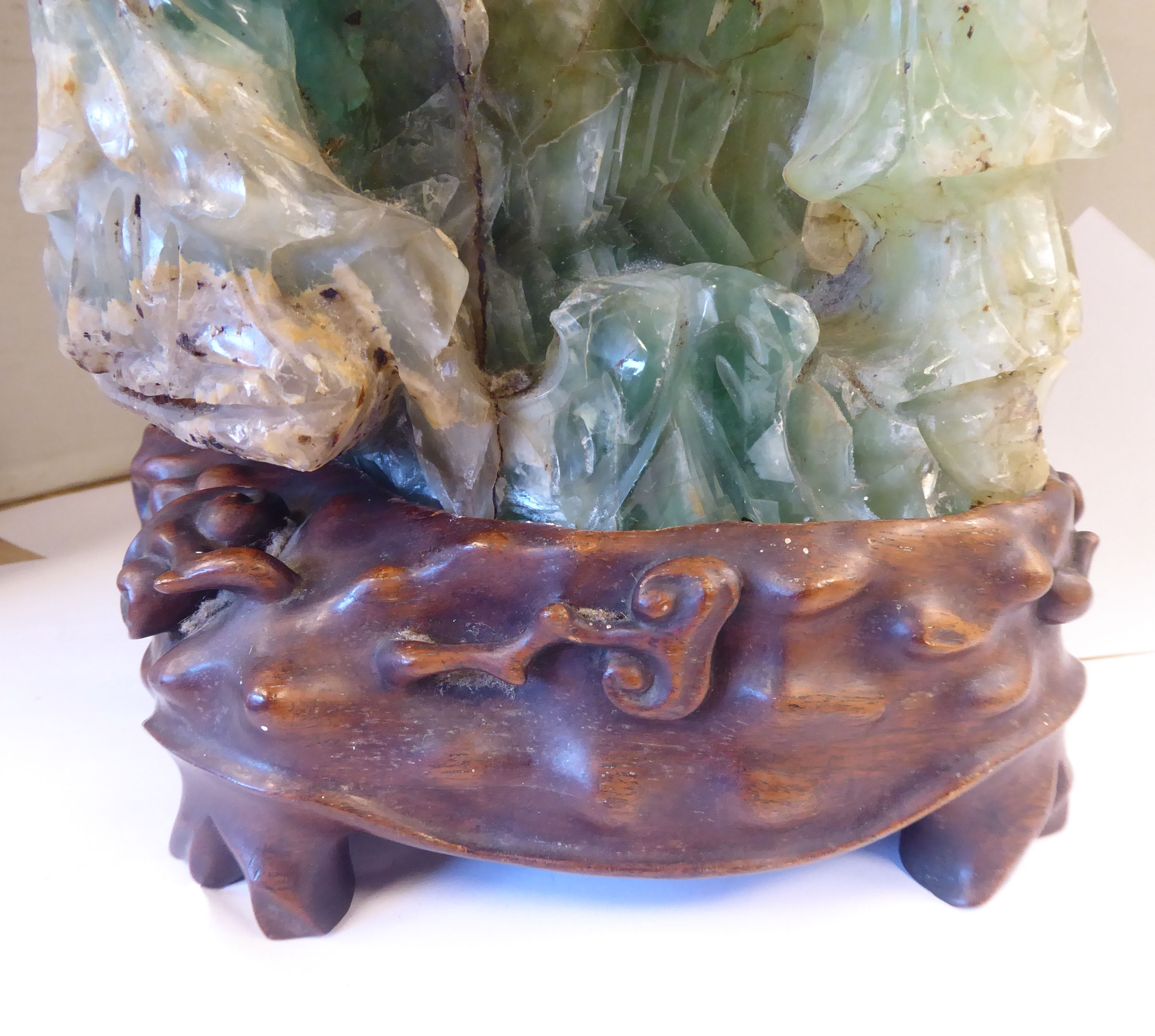 An early 20thC Chinese carved green crystal vase of irregular form with a cover, - Image 3 of 8