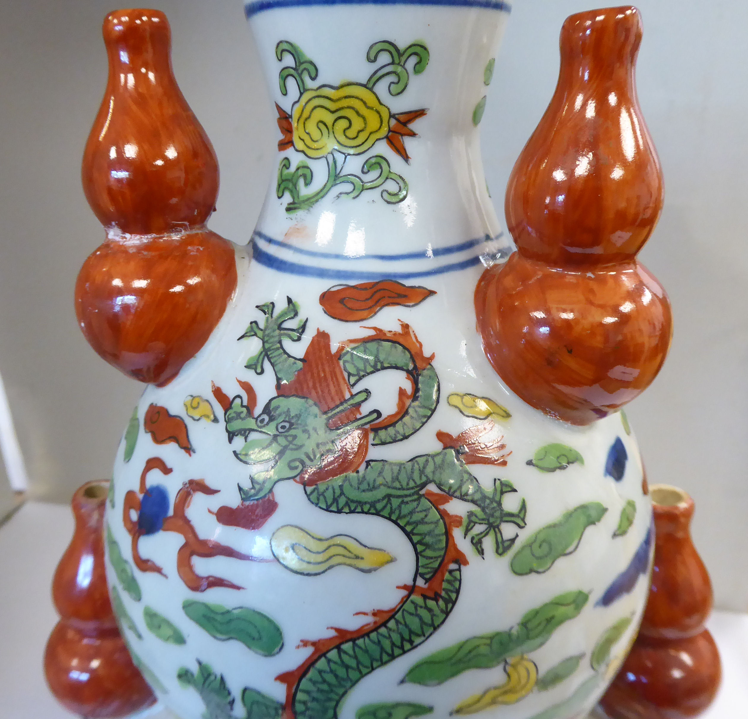 An early 20thC Japanese porcelain double gourd shaped vase, surmounted by five smaller vases, - Image 5 of 7