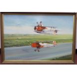 Peter Champion - an air show with two aerobatic bi-planes in the foreground oil on canvas bears a
