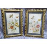A pair of late 19thC embroidered studies on silk of stylised flora and butterflies 14'' x 8''
