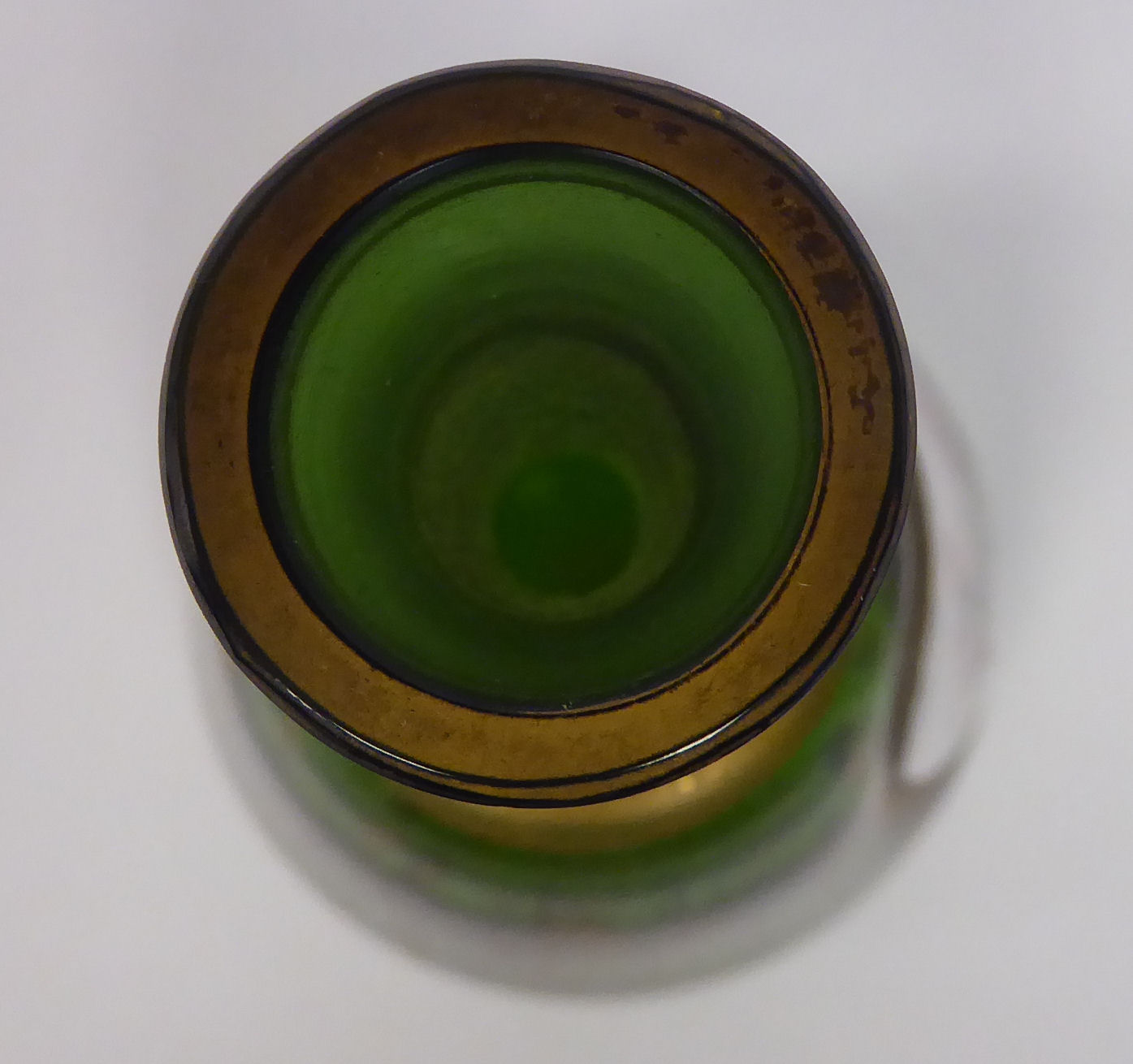 A late 19thC Bohemian decoratively gilded, green glass, mallet shaped dressing table decanter, - Image 6 of 7