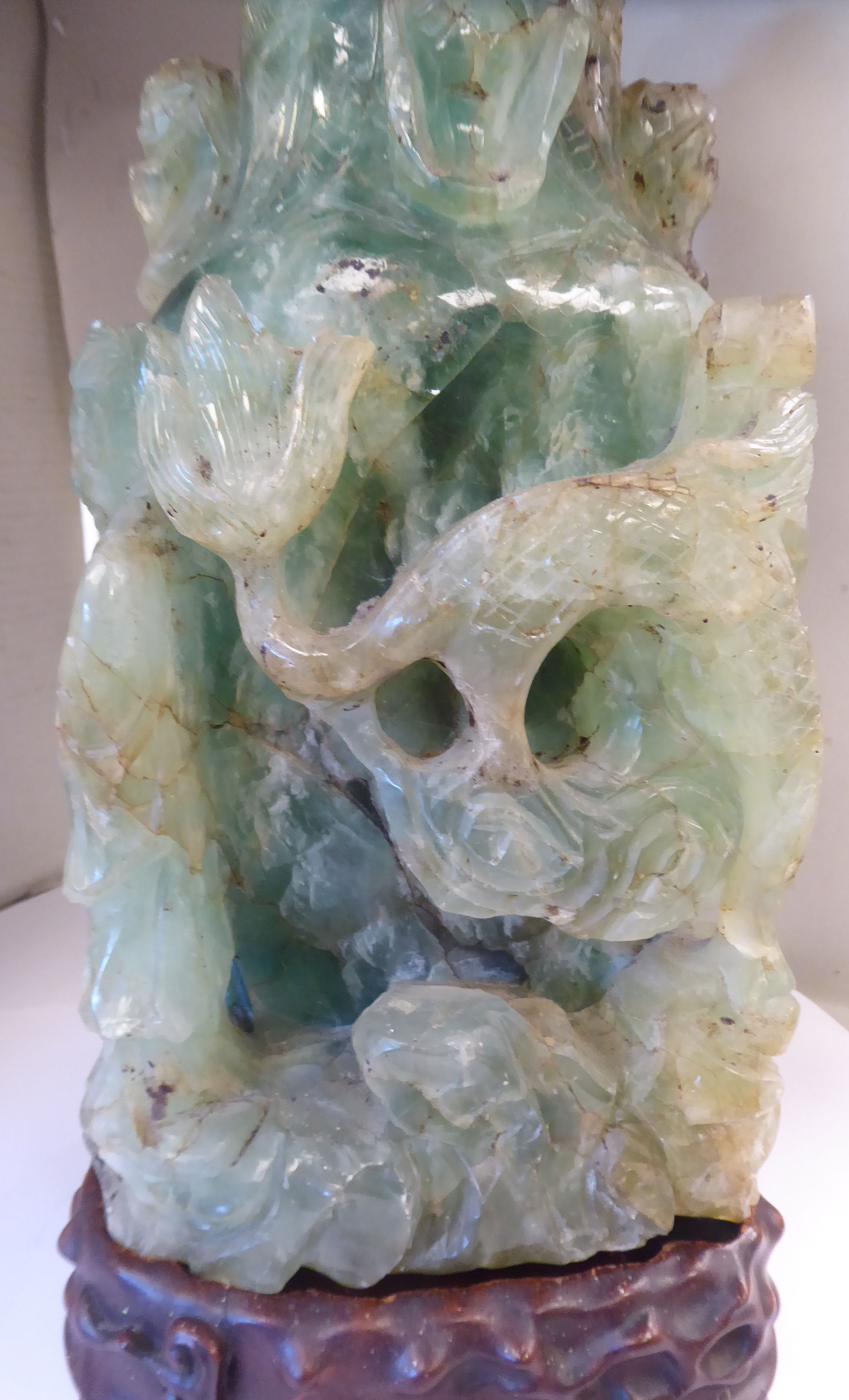 An early 20thC Chinese carved green crystal vase of irregular form with a cover, - Image 7 of 8