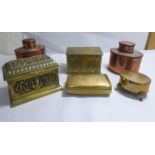 19th and 20thC metalware receptacles: to include a Continental brass tobacco box of cushion moulded