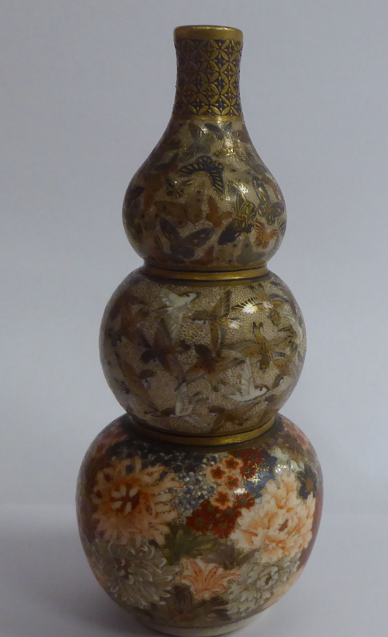 An early 20thC Satsuma earthenware triple gourd shaped vase, - Image 2 of 5