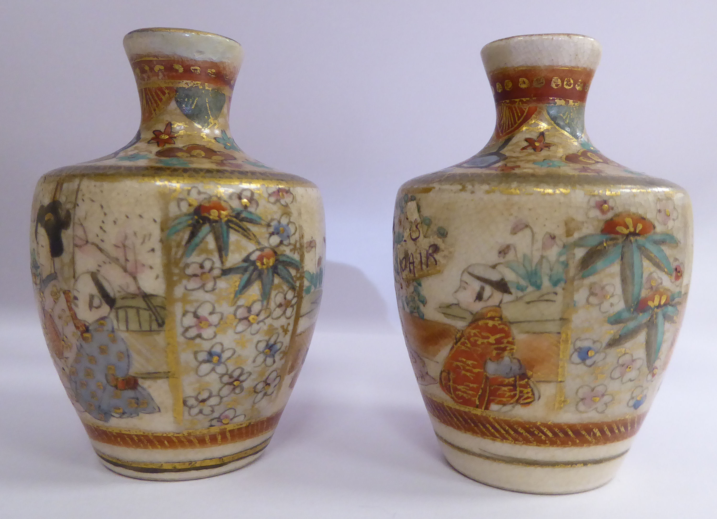 A pair of early 20thC Satsuma earthenware vases of shouldered baluster form, - Image 3 of 6