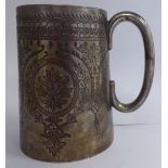 A late Victorian silver Christening tankard of tapered form with a hollow loop handle and