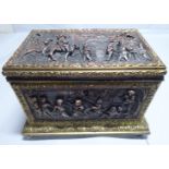 A late 19thC French bi-coloured cast metal casket of rectangular box design with a hinged lid,