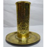 An early 20thC Arts & Crafts brass vase, the cylindrical body decorated with whiplash curves,