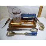 A mixed lot: to include a pair of early 20thC silver plated salad servers with blue jasper
