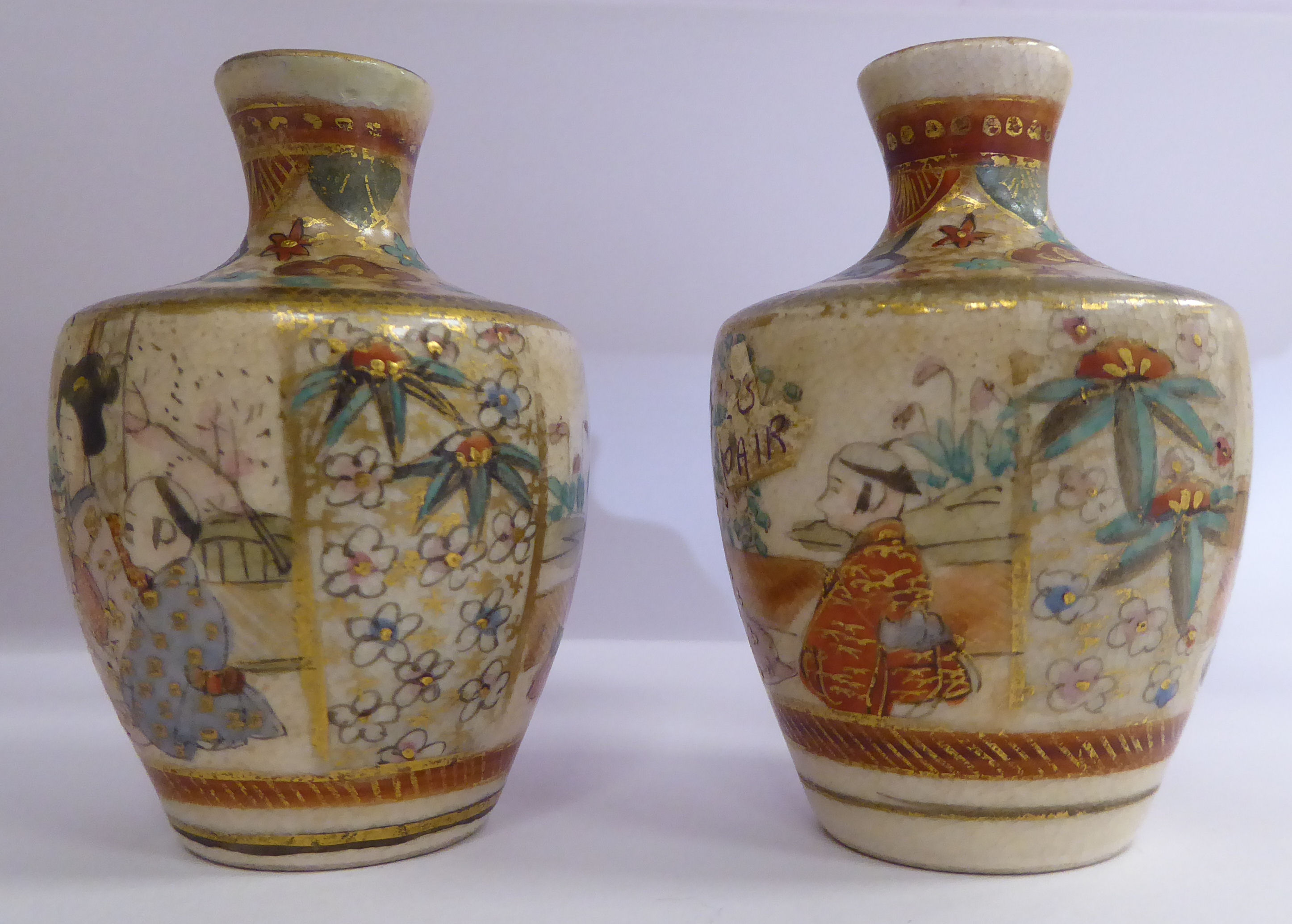 A pair of early 20thC Satsuma earthenware vases of shouldered baluster form, - Image 2 of 6