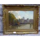 HB B*gmva*** - moored Dutch steam barges on a canal with a town beyond oil on board bears an