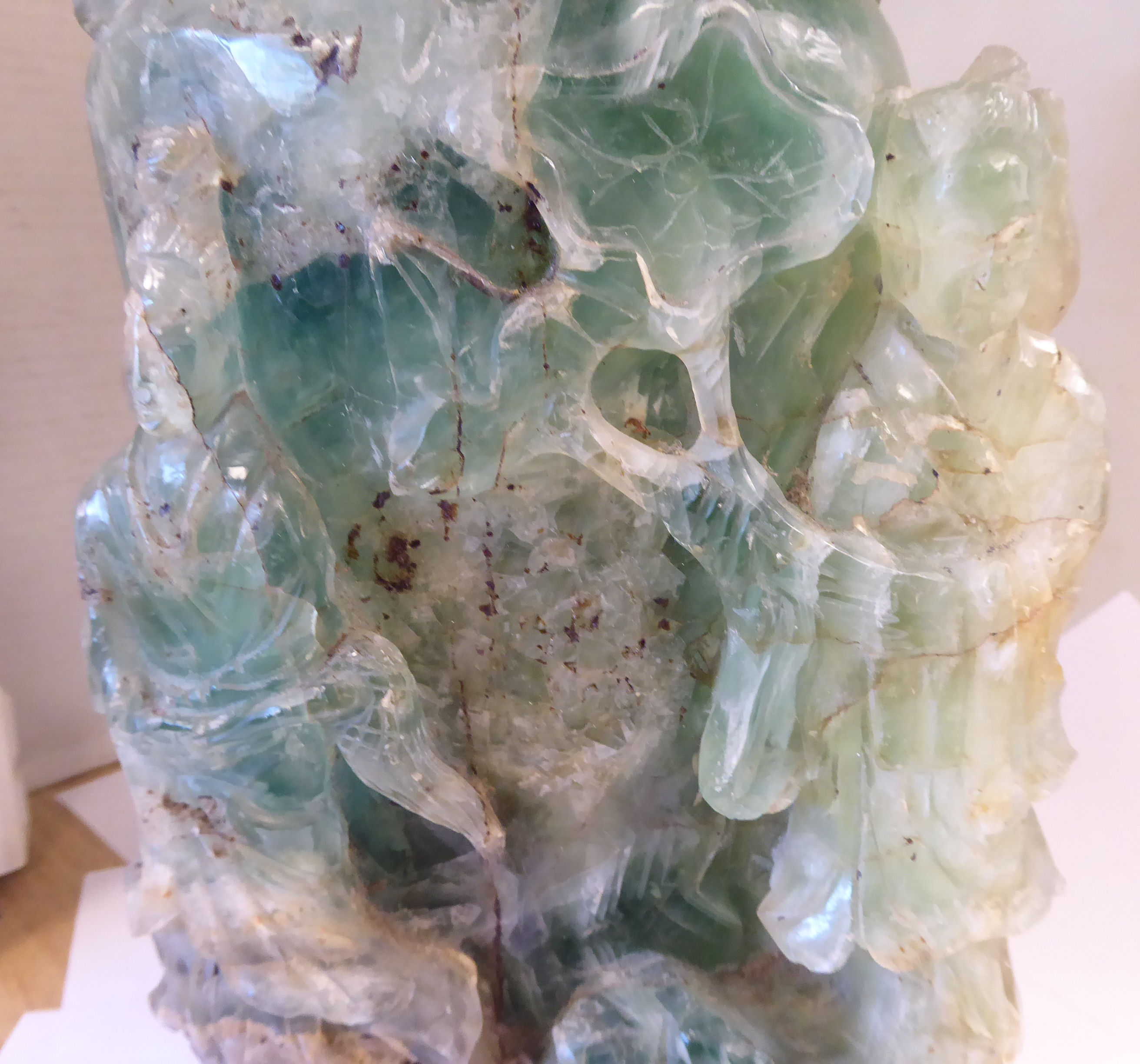 An early 20thC Chinese carved green crystal vase of irregular form with a cover, - Image 4 of 8