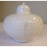 A late 19thC Meissen ivory glazed porcelain, squat, bulbous sea anemone jar with a domed cover,