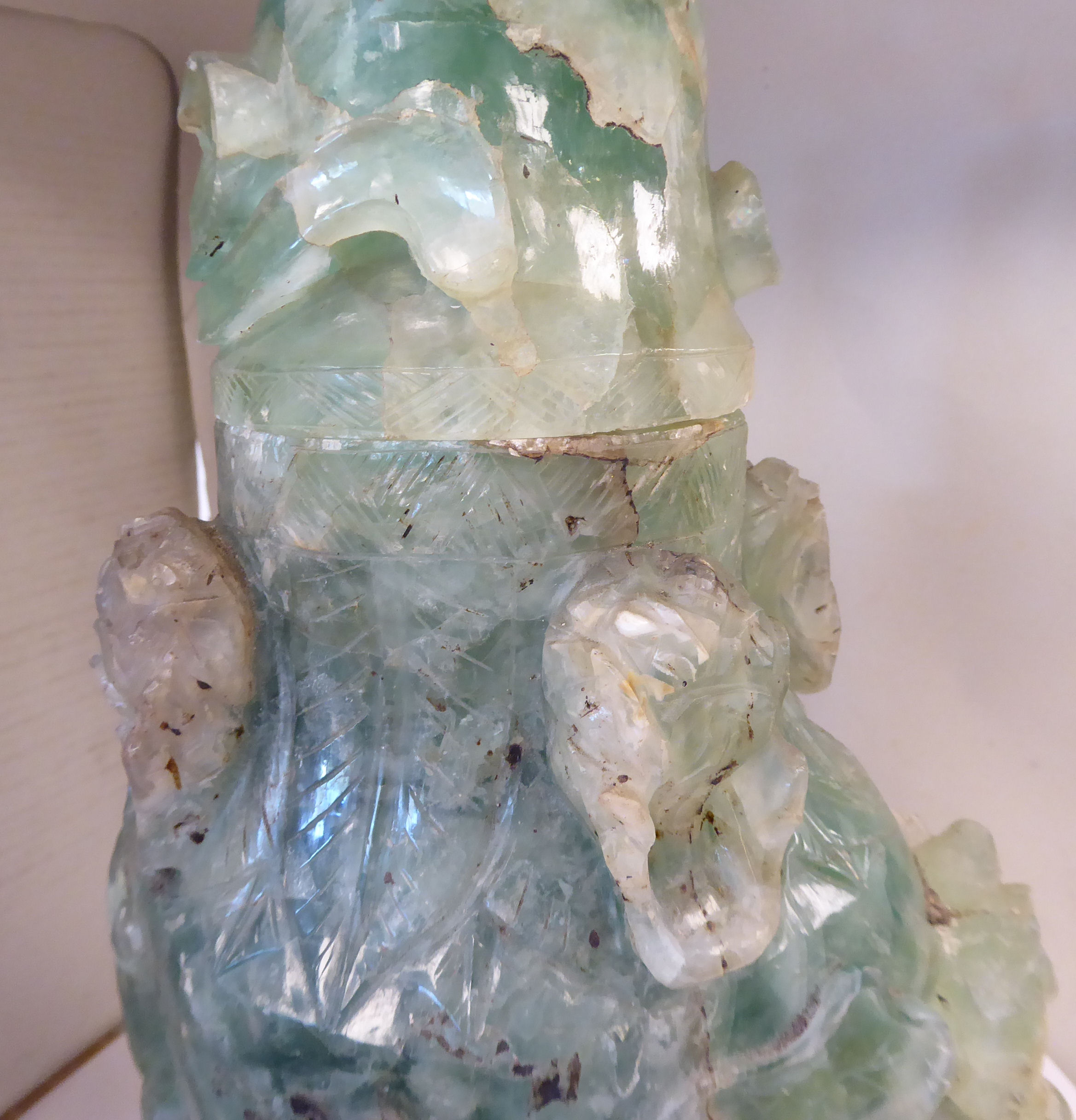 An early 20thC Chinese carved green crystal vase of irregular form with a cover, - Image 5 of 8