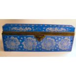 A late 19thC Bohemian engraved and enamelled blue glass box with chamfered corners,