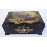 A late 19thC black lacquered papier mache casket, having straight sides and a lockable hinged lid,